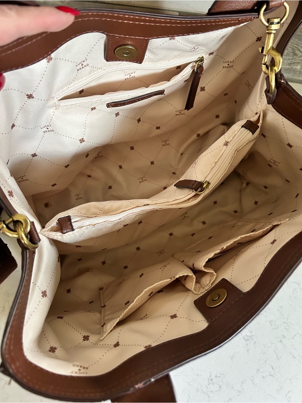 🍀EUC Lucky Brand Brown Floral Embossed Tote Carryall Shoulder Crossbody Bag - Picture 10 of 16